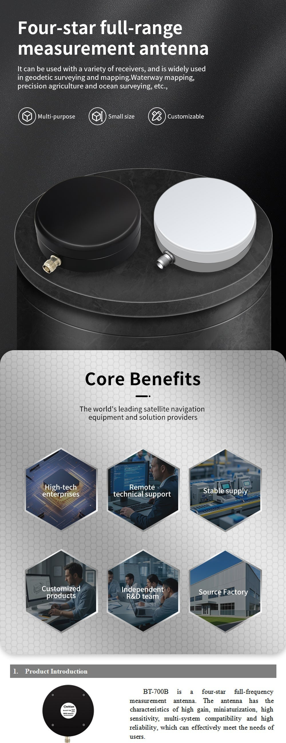 Beitian BT-700B full-band GNSS RTK antenna with magnetic base, compact low-profile design (black/white options)