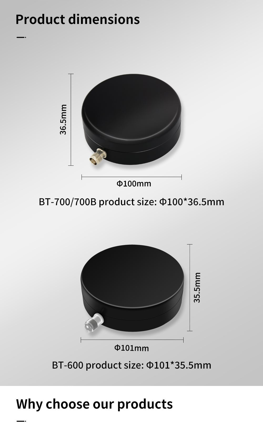Product dimensions for BT-700/700B (100×36.5 mm) compared with BT-600 (101×35.5 mm)