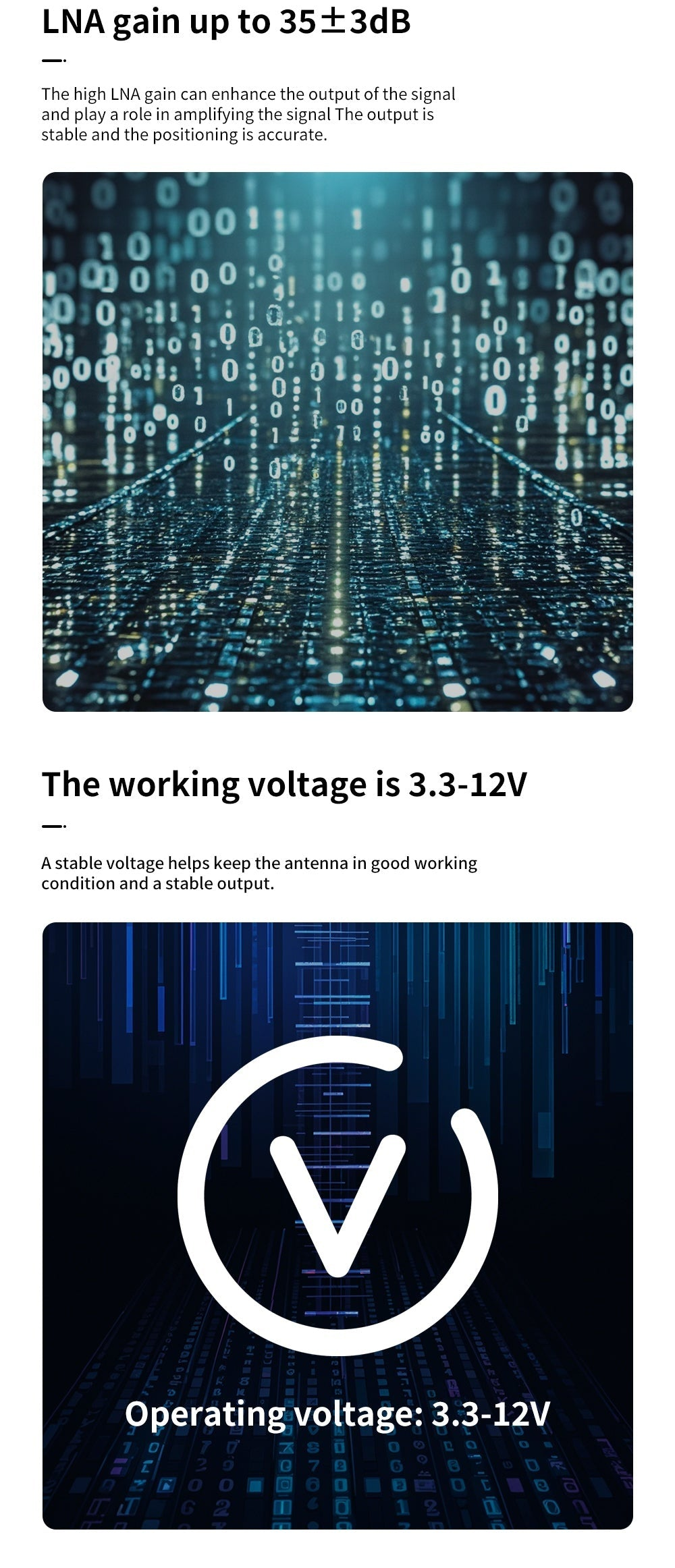 LNA gain and operating voltage graphic for BT-700B RTK antenna (up to 35±3 dB, 3.3–12 V)
