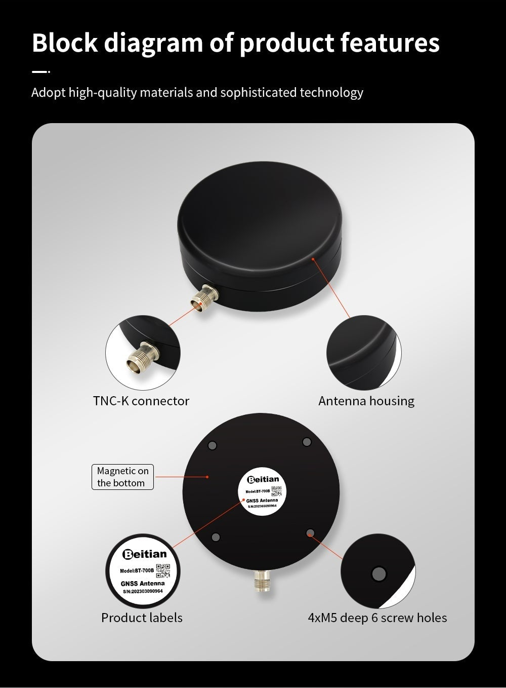 BT-700B antenna feature callouts: TNC-K connector, magnetic bottom, product label, and 4× M5 mounting screw holes