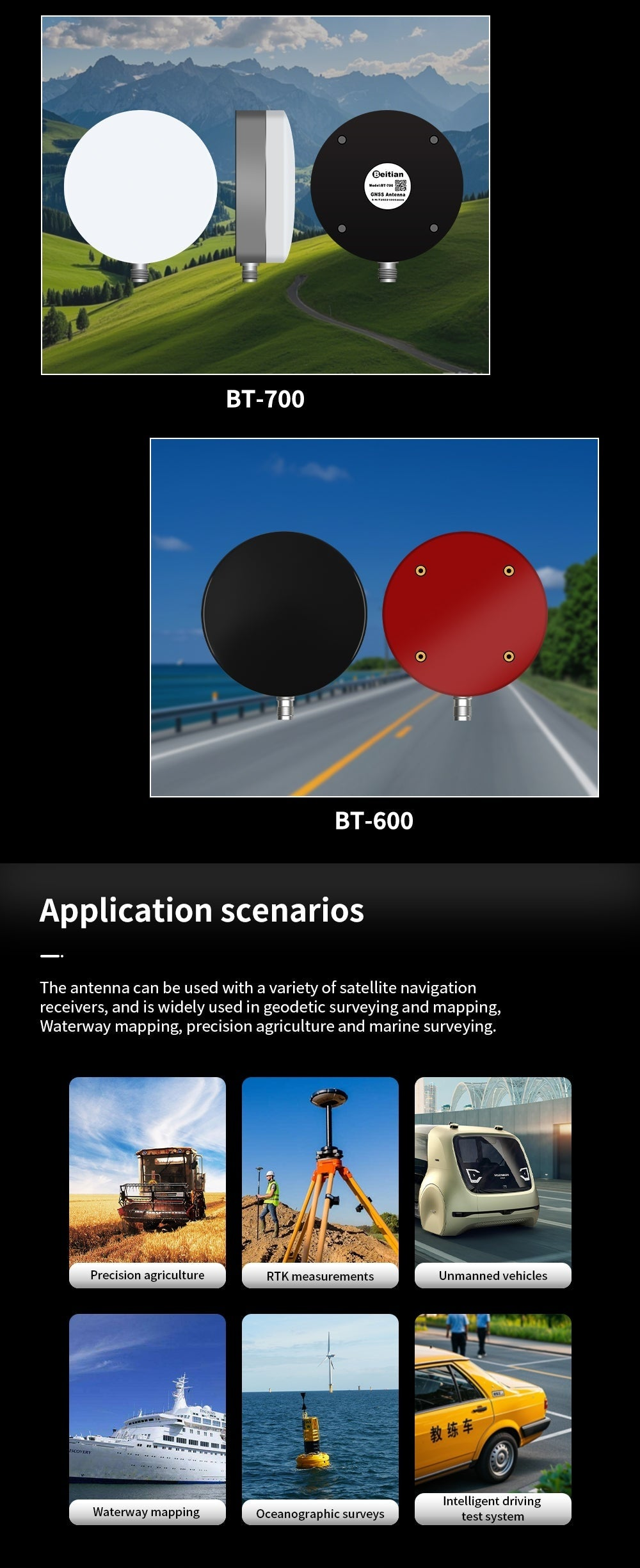 Application scenarios for GNSS antenna: precision agriculture, RTK measurement, unmanned vehicles, mapping and marine use