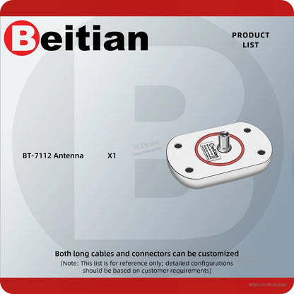 Package contents graphic showing BT-7112 antenna x1 with note about customizable cable length and connectors