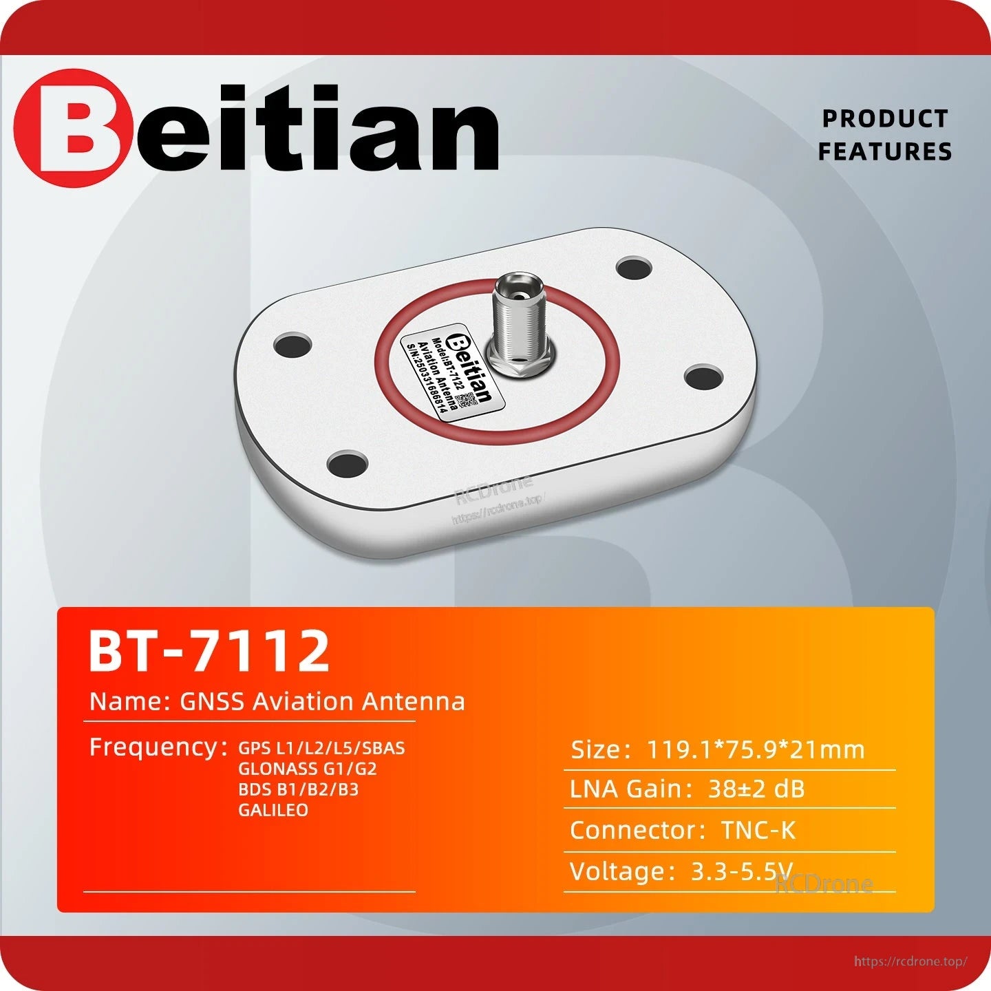 Beitian BT-7112 RTK GNSS Multi-Frequency Antenna specifications graphic with size, LNA gain, connector, and voltage