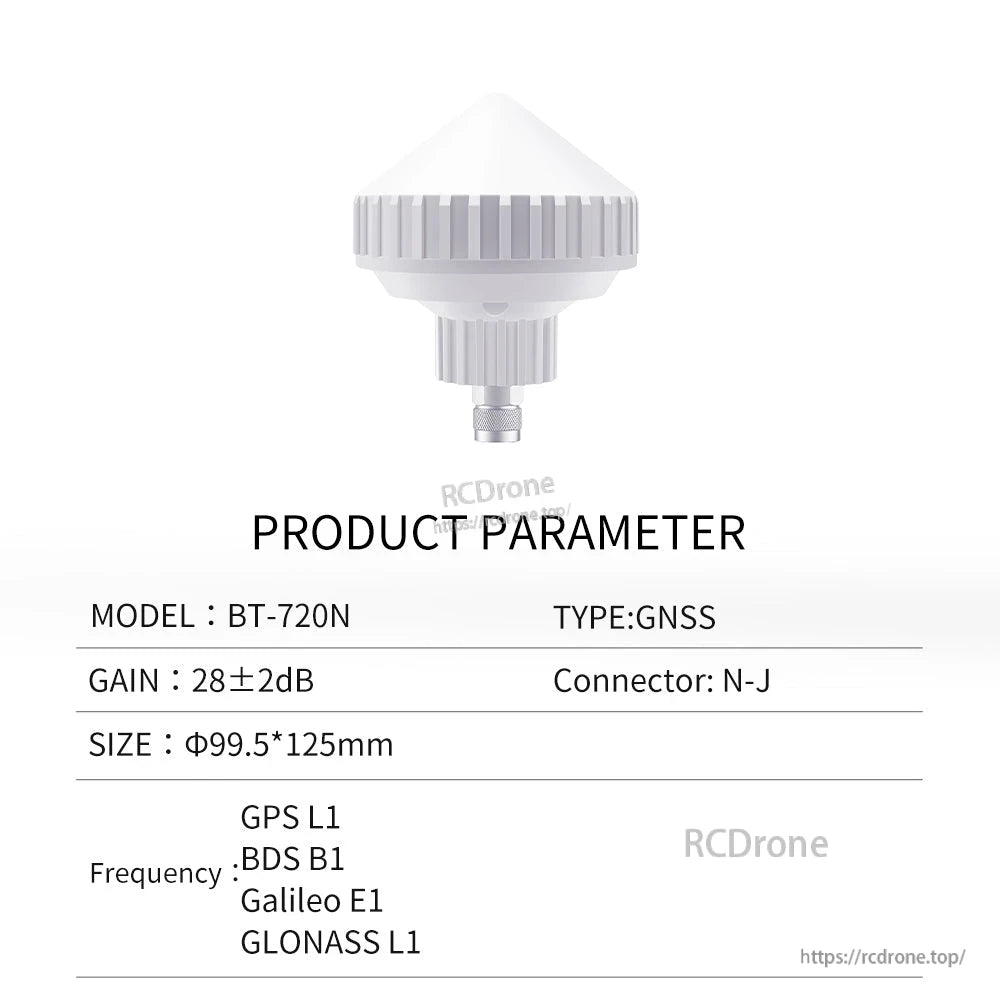Product parameter table for model BT-720N GNSS antenna listing gain, size and N-J connector