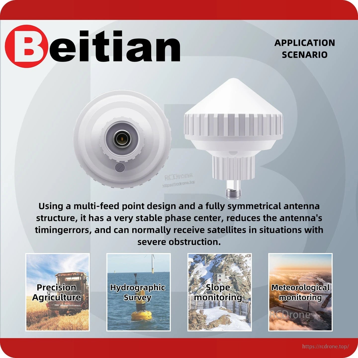 Application scenario graphic showing top view and side view of the antenna with use case icons