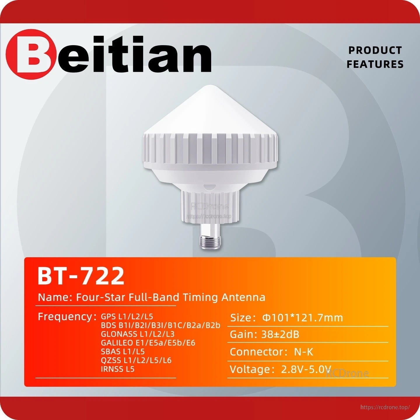 BT-722 product features chart with antenna image, size, gain, connector type and voltage range