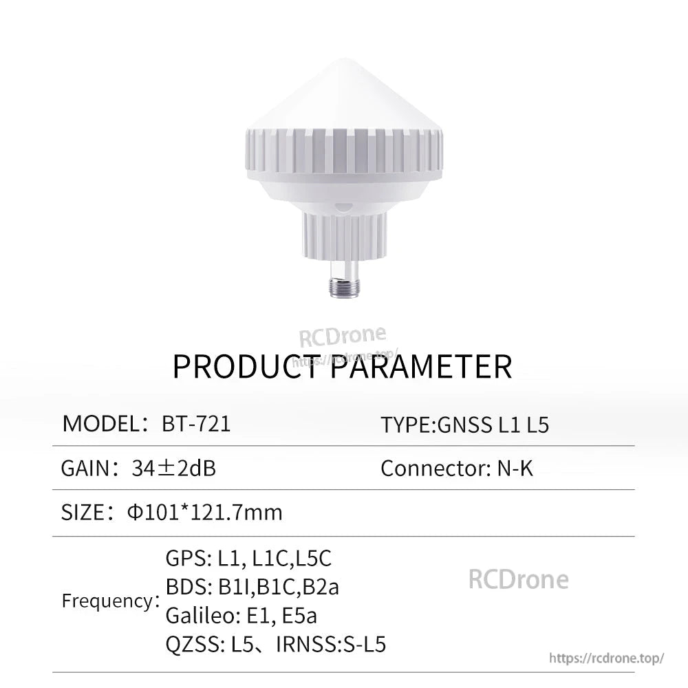 Product parameter table for model BT-721 GNSS L1/L5 antenna with frequency list and N-K connector