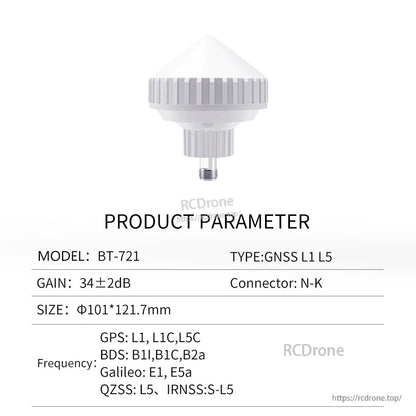 Product parameter table for model BT-721 GNSS L1/L5 antenna with frequency list and N-K connector