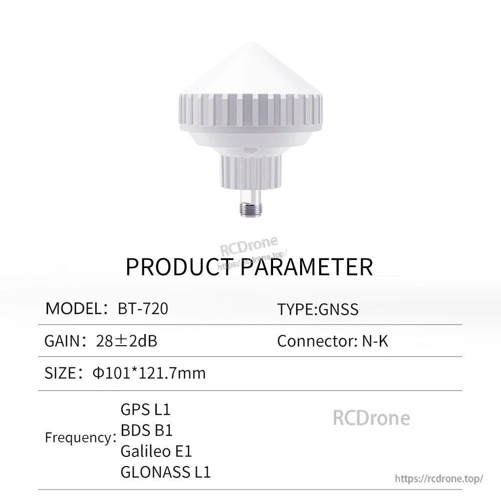 Product parameter table for model BT-720 GNSS antenna with gain, size and N-K connector