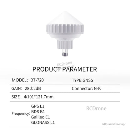 Product parameter table for model BT-720 GNSS antenna with gain, size and N-K connector
