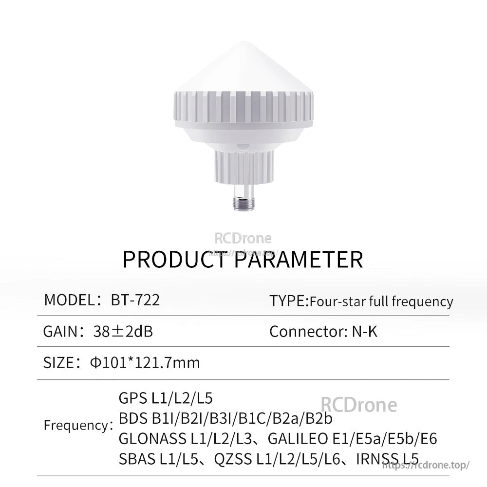 Beitian BT-722 antenna product parameter table showing gain, size, N-K connector and L1/L2/L5 bands