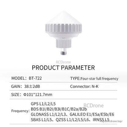 Beitian BT-722 antenna product parameter table showing gain, size, N-K connector and L1/L2/L5 bands