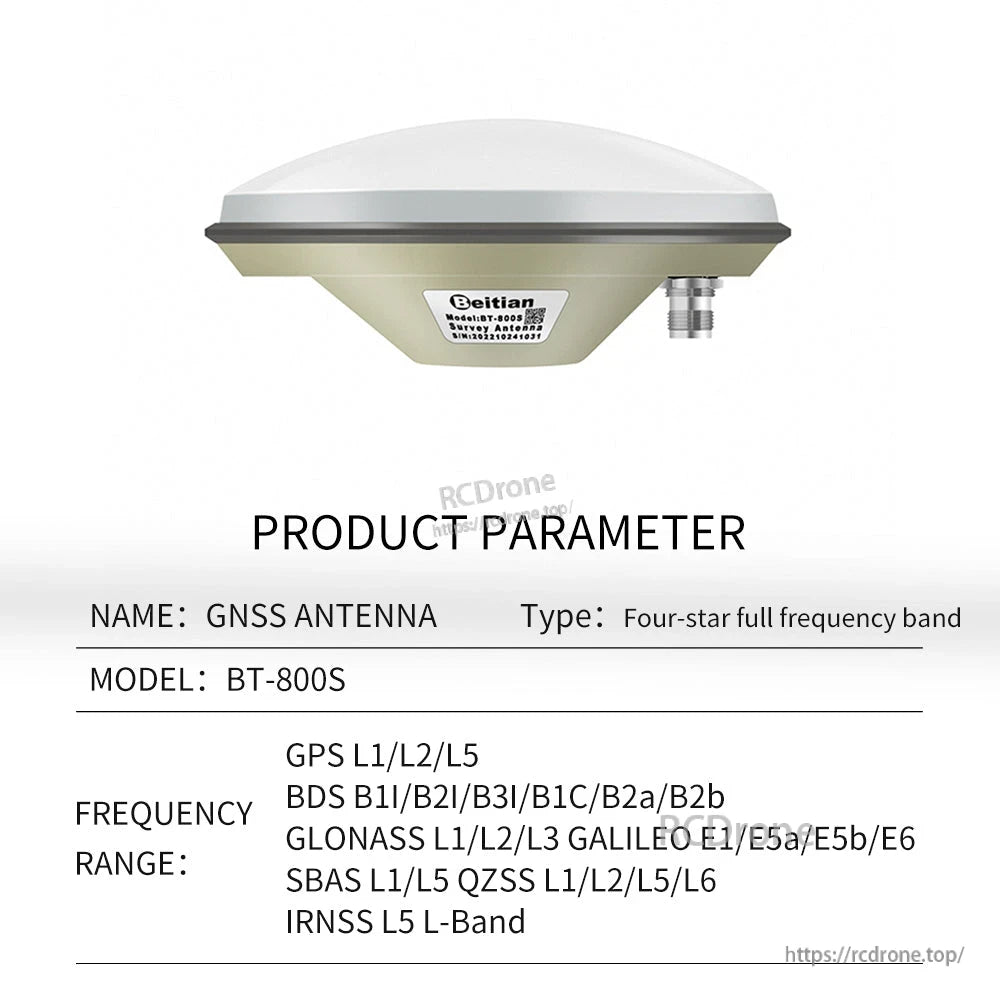 BT-800S GNSS antenna product parameters table with supported GNSS frequency bands list