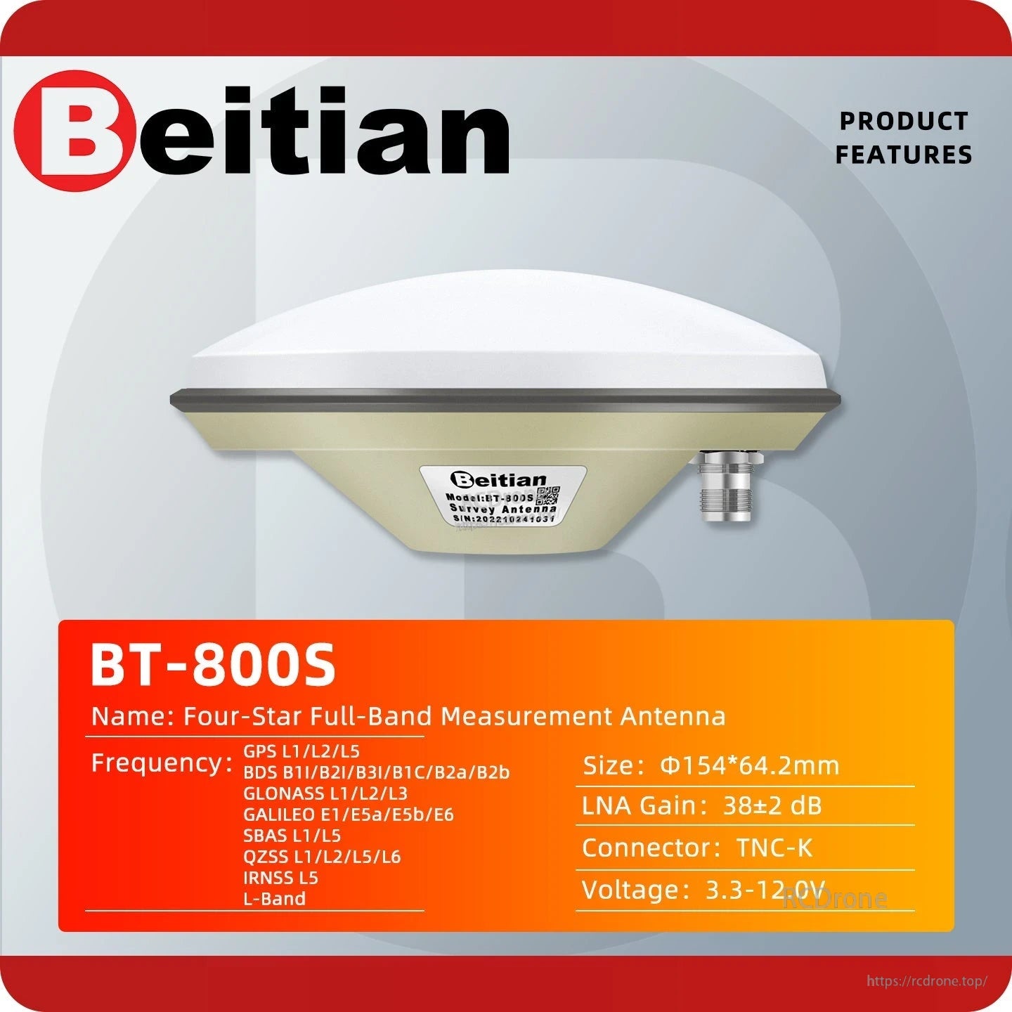 BT-800S product features sheet showing antenna size, LNA gain, voltage, and connector type