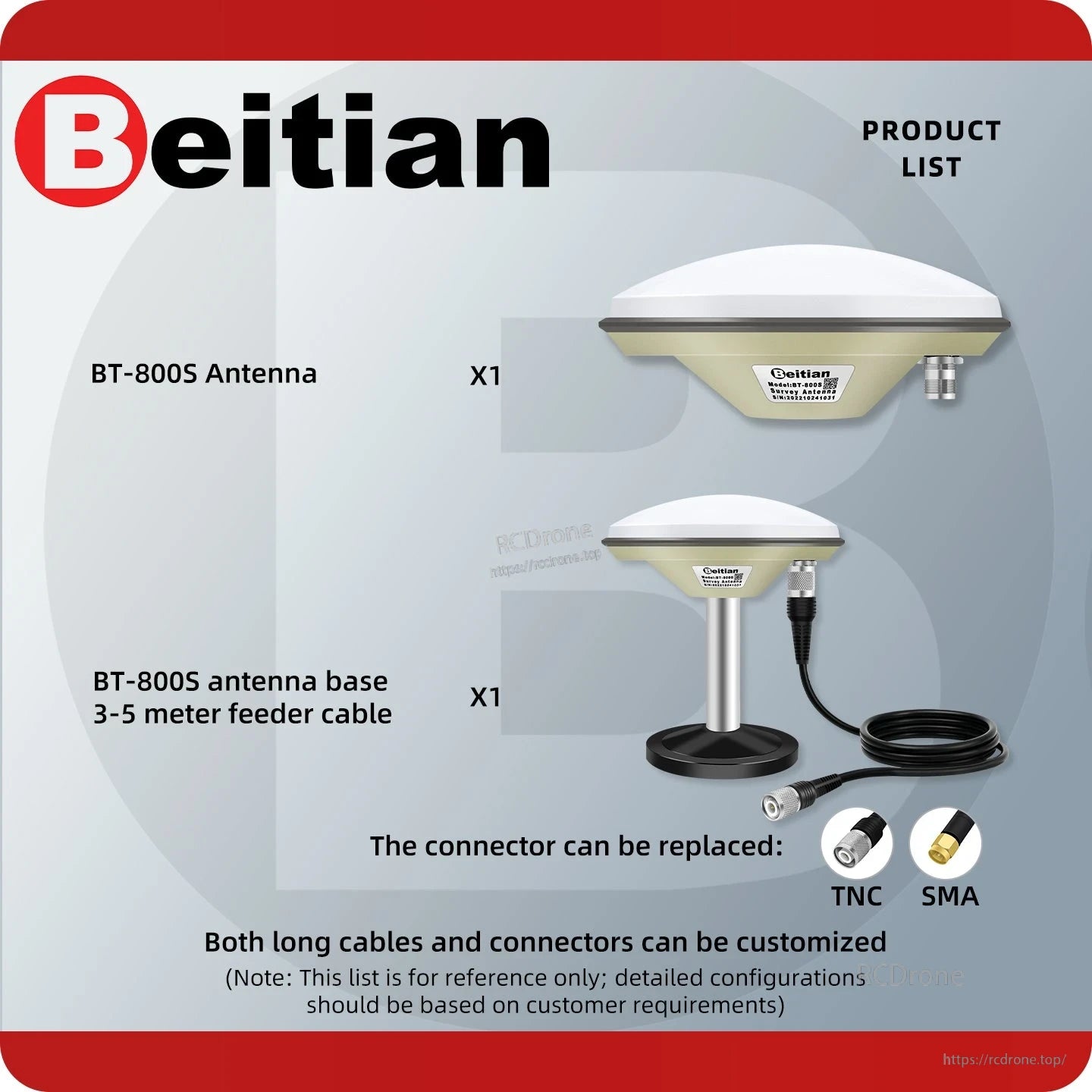 Package contents: BT-800S antenna, magnetic base with cable, and optional TNC or SMA connector