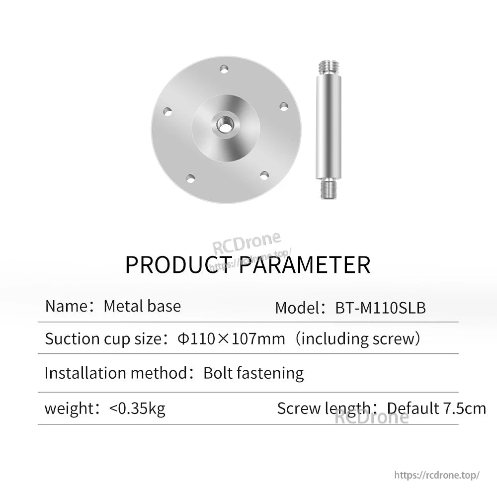 Metal base BT-M110SLB product parameters with bolt fastening installation and dimensions