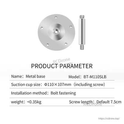 Metal base BT-M110SLB product parameters with bolt fastening installation and dimensions