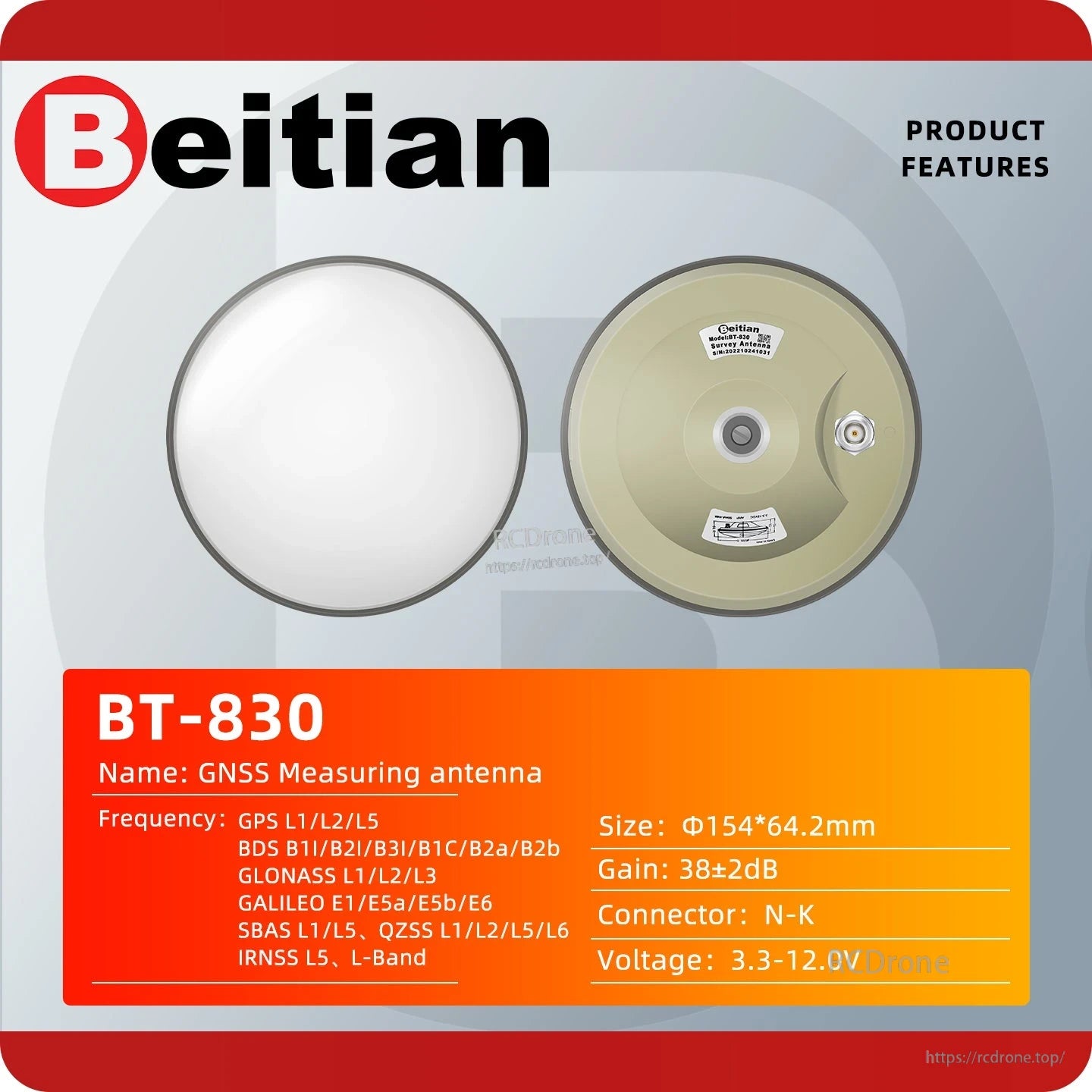 BT-830 product features and specifications chart with antenna top/bottom views and key parameters