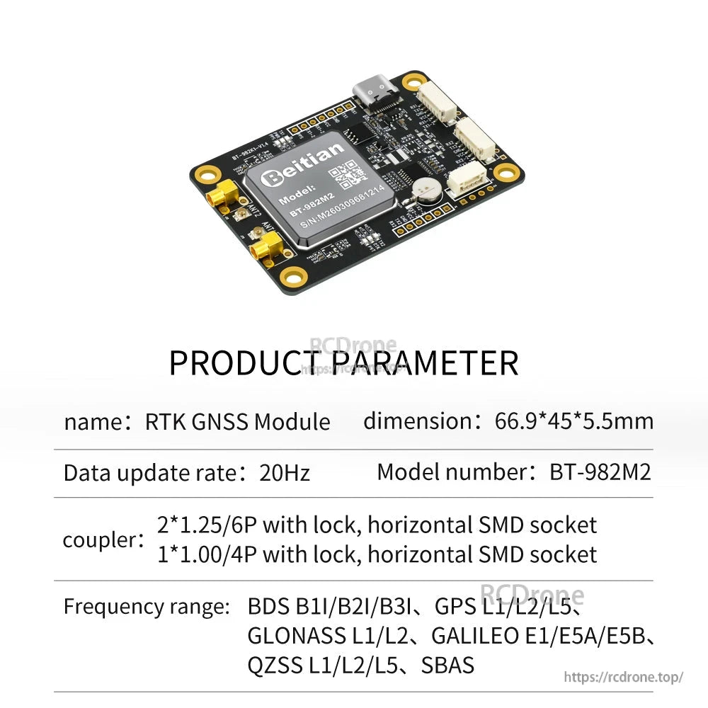 BT-982M2 product parameter sheet showing slim RTK GNSS board with side connectors (66.9×45×5.5mm)