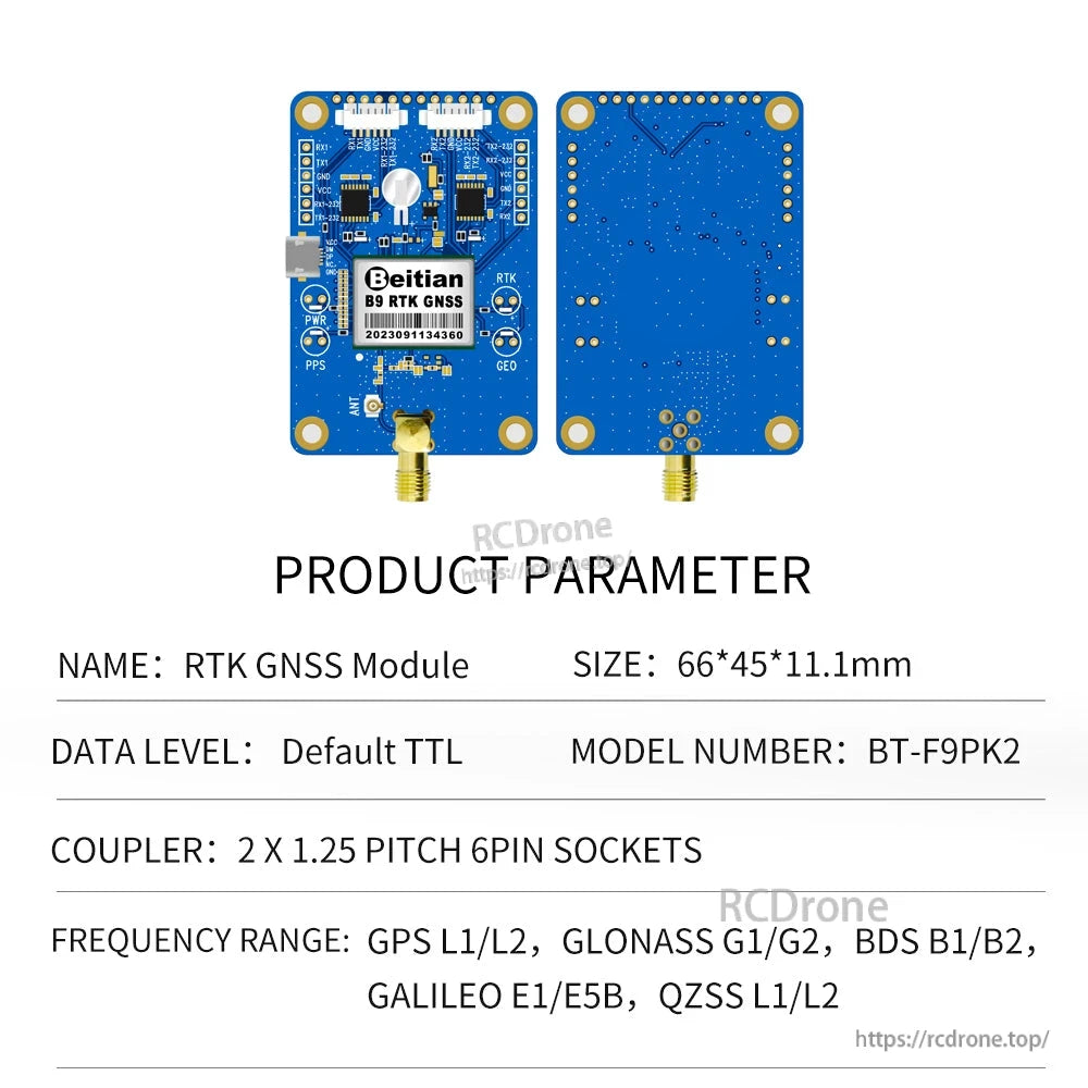 BT-F9PK2 product parameter sheet showing blue RTK GNSS module front/back with SMA connector (66×45×11.1mm)