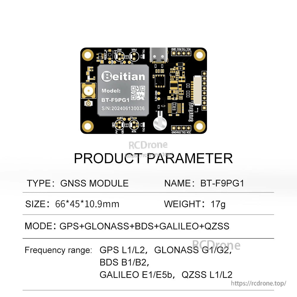 Beitian BT-F9PG1 GNSS positioning board, 66×45 mm module with connector headers and multi-GNSS support