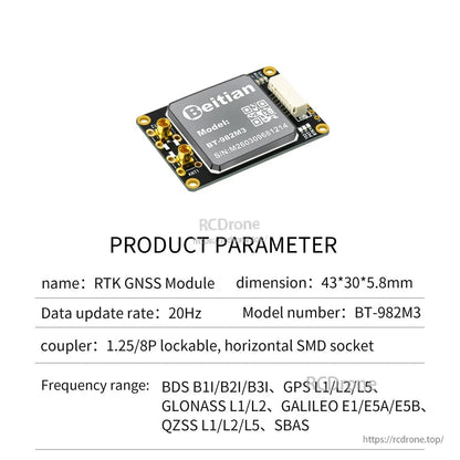 BT-982M3 product parameter sheet showing compact RTK GNSS module with 8-pin lockable connector (43×30×5.8mm)