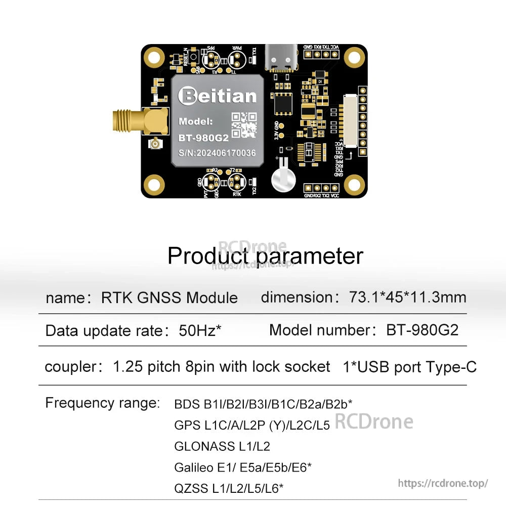 Beitian BT-980G2 RTK GNSS module board with SMA antenna connector, USB‑C port, and 8‑pin socket