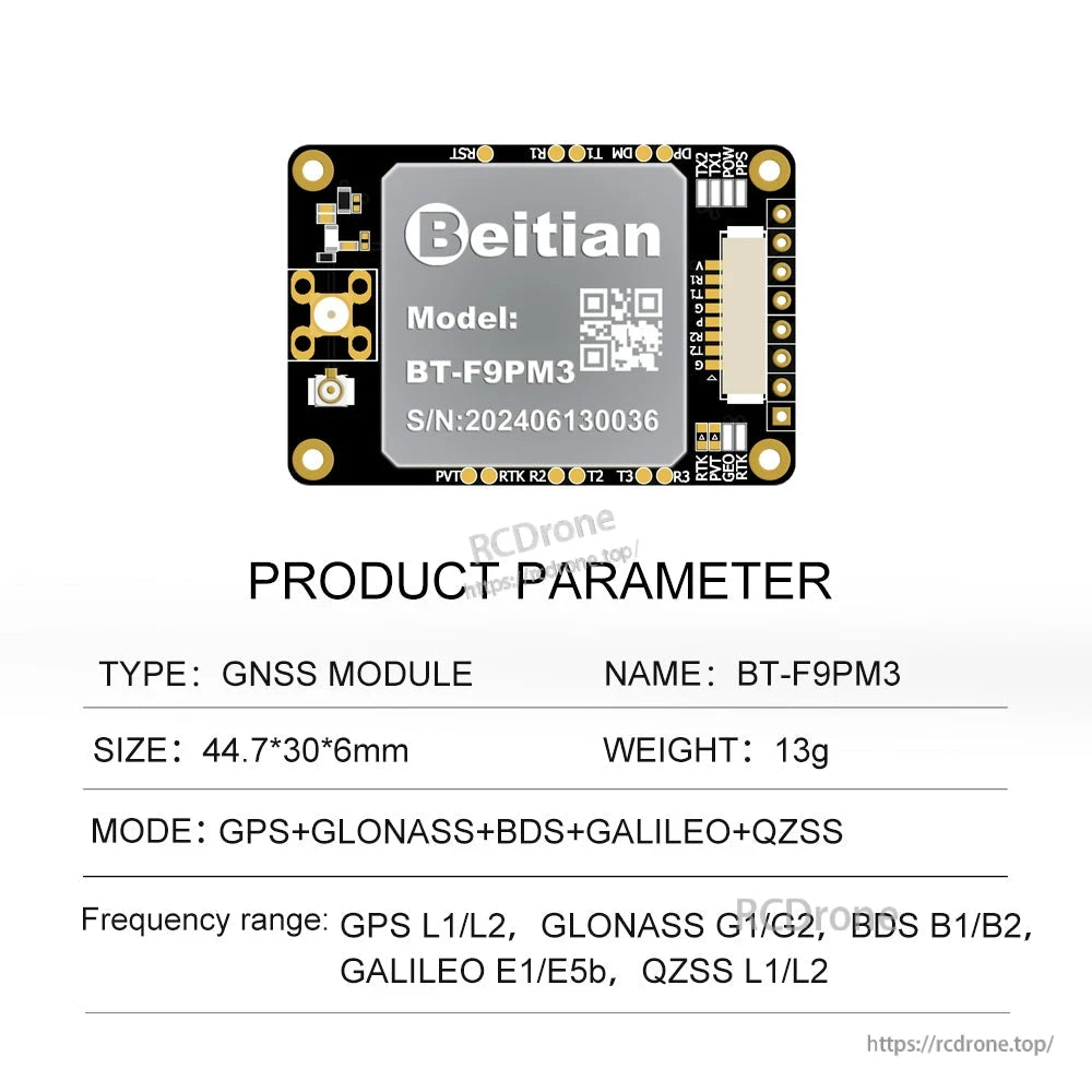 Beitian BT-F9PM3 GNSS positioning board with connector pin header and product parameters for GPS multi-constellation