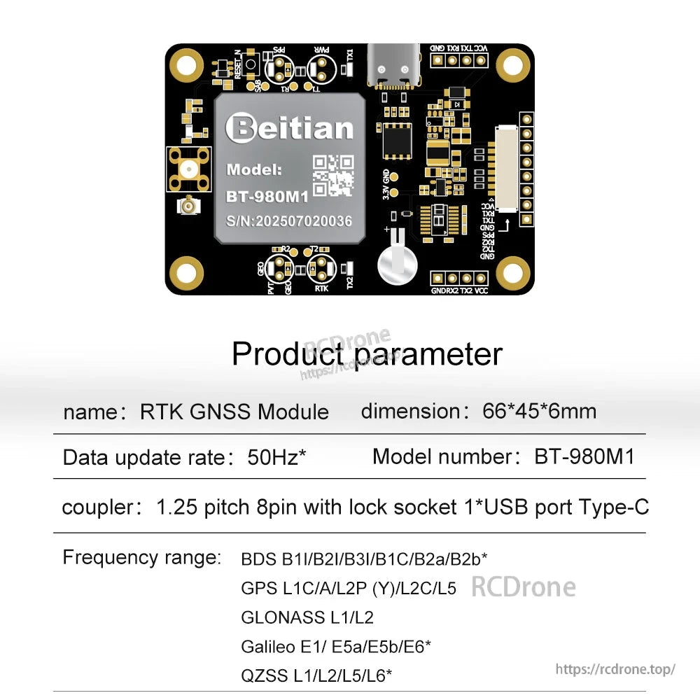 Beitian BT-980M1 RTK GNSS positioning board with USB-C port, pin headers, and 66×45×6 mm module specs