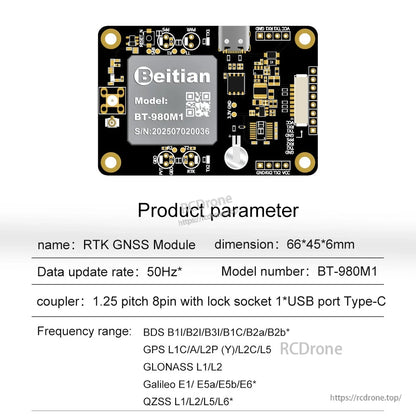 Beitian BT-980M1 RTK GNSS positioning board with USB-C port, pin headers, and 66×45×6 mm module specs