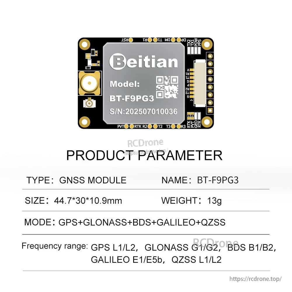 Beitian BT-F9PG3 GNSS module board with connector and product parameters, 44.7×30×10.9mm, 13g