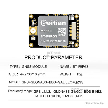 Beitian BT-F9PG3 GNSS module board with connector and product parameters, 44.7×30×10.9mm, 13g