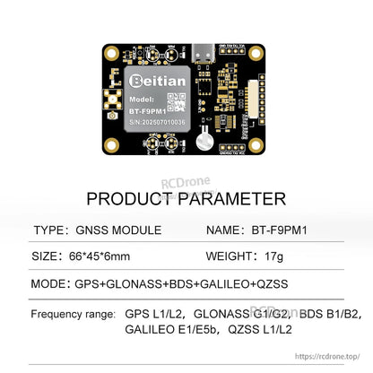 Beitian BT-F9PM1 GNSS positioning board with labeled connectors; specs show 66×45×6 mm, 17 g, multi-constellation