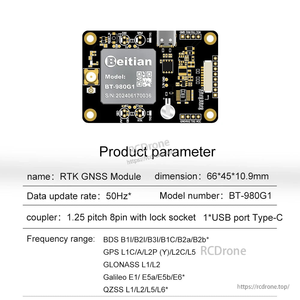 Beitian BT-980G1 RTK GNSS positioning board with USB-C port, 8-pin connector, and 66×45 mm mounting holes
