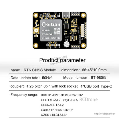 Beitian BT-980G1 RTK GNSS positioning board with USB-C port, 8-pin connector, and 66×45 mm mounting holes