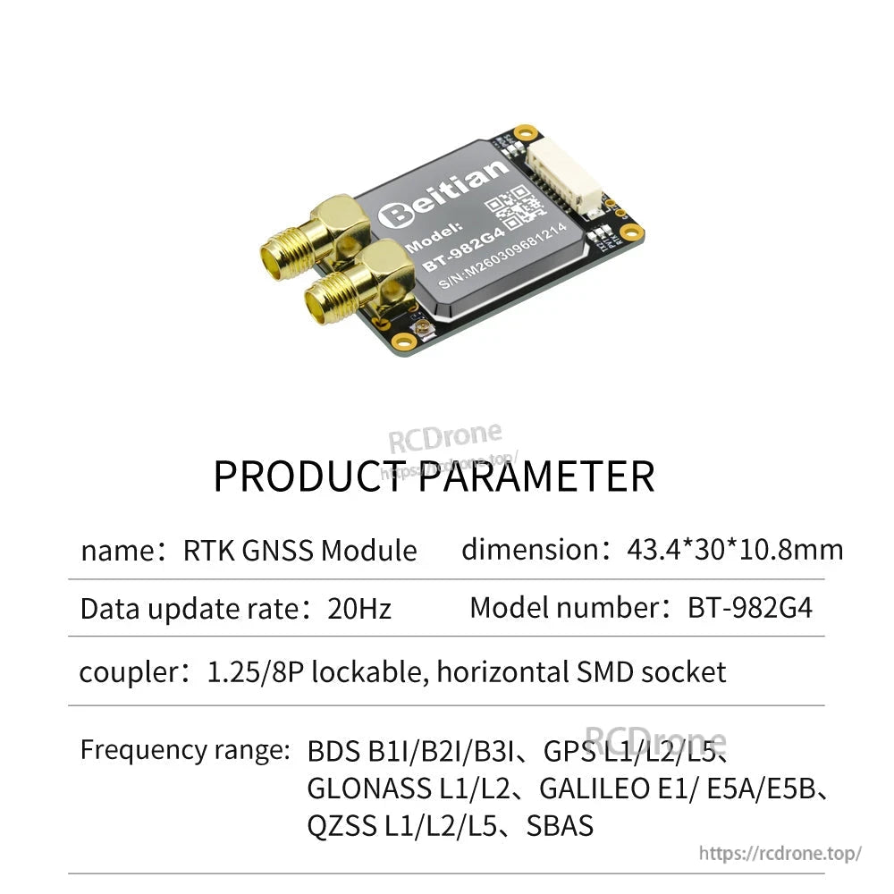 BT-982G4 product parameter sheet showing small module with side SMA connectors (43.4×30×10.8mm)
