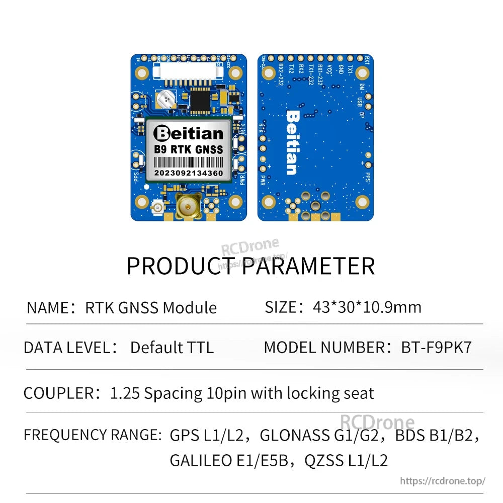 BT-F9PK7 product parameter sheet showing blue RTK GNSS module front/back with 10-pin locking connector (43×30×10.9mm)