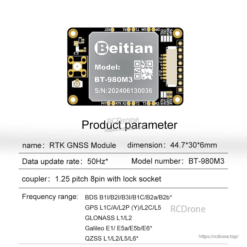 Beitian BT-980M3 RTK GNSS positioning board with 8-pin lock socket, 44.7×30×6 mm, 50Hz update rate
