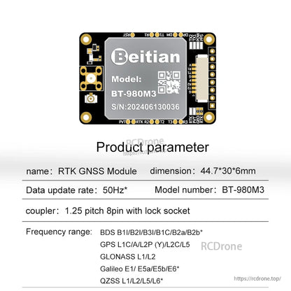 Beitian BT-980M3 RTK GNSS positioning board with 8-pin lock socket, 44.7×30×6 mm, 50Hz update rate