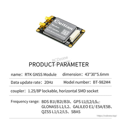 BT-982M4 product parameter sheet showing compact module with side connectors and 8-pin lock (43×30×5.6mm)