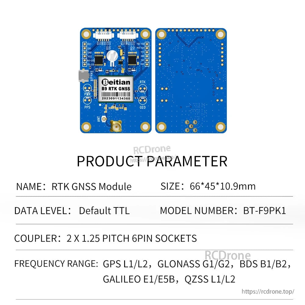 BT-F9PK1 product parameter sheet with front and back views of blue B9 RTK GNSS module (66×45×10.9mm)