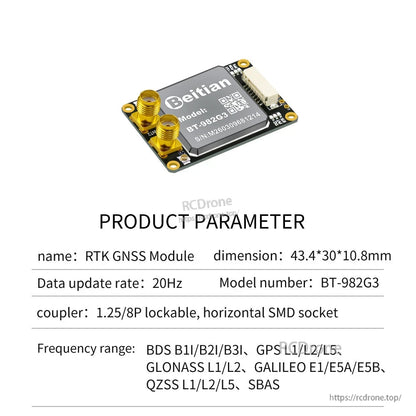 BT-982G3 product parameter sheet showing smaller GNSS module with dual SMA ports (43.4×30×10.8mm)