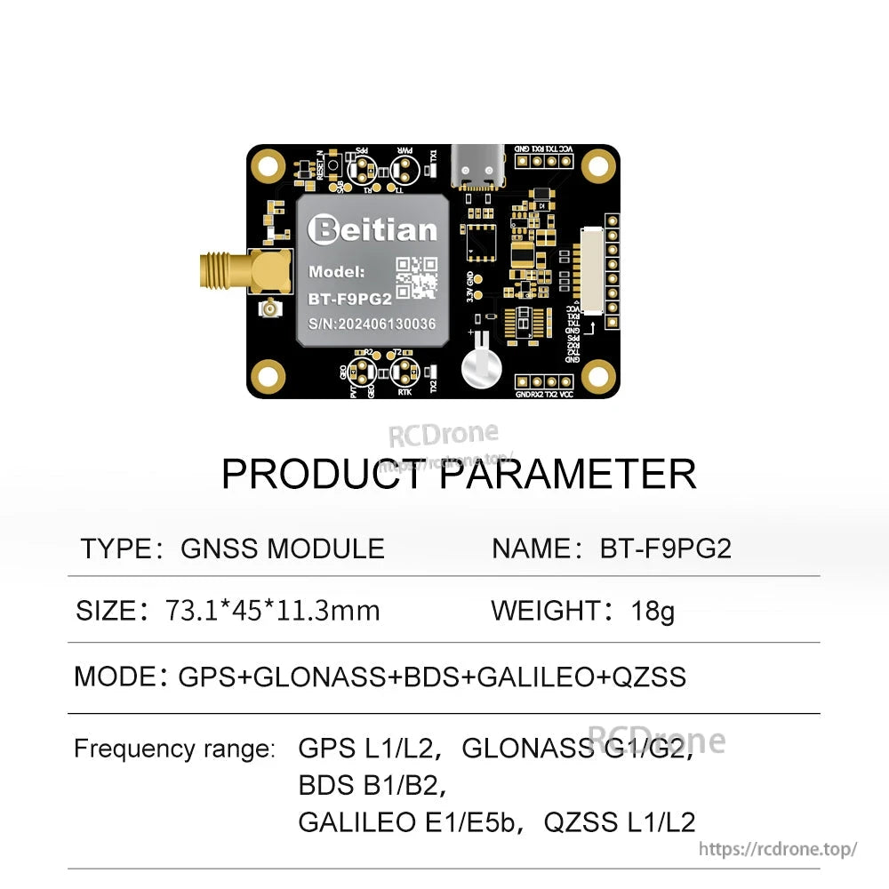 Beitian BT-F9PG2 GNSS positioning board with SMA antenna connector, 73.1×45 mm module for GPS/GLONASS/Galileo