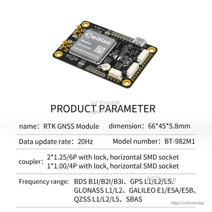 BT-982M1 product parameter sheet showing slim RTK GNSS board with Type-C and JST sockets (66×45×5.8mm)
