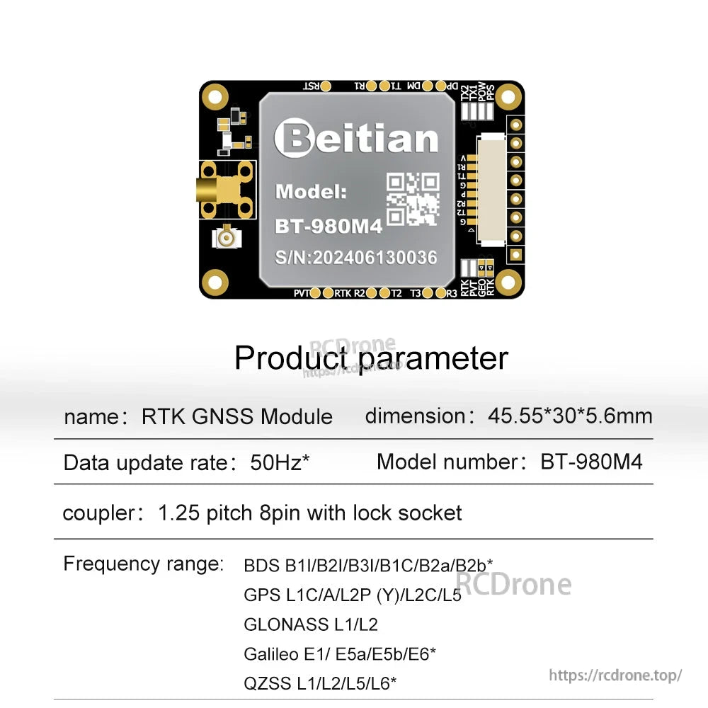 Beitian BT-980M4 RTK GNSS positioning module board with 8-pin connector and 50Hz update rate specs
