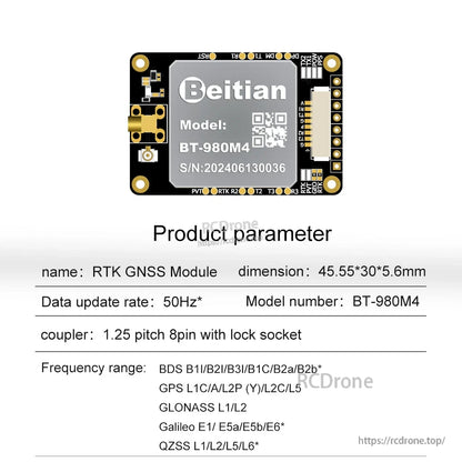 Beitian BT-980M4 RTK GNSS positioning module board with 8-pin connector and 50Hz update rate specs