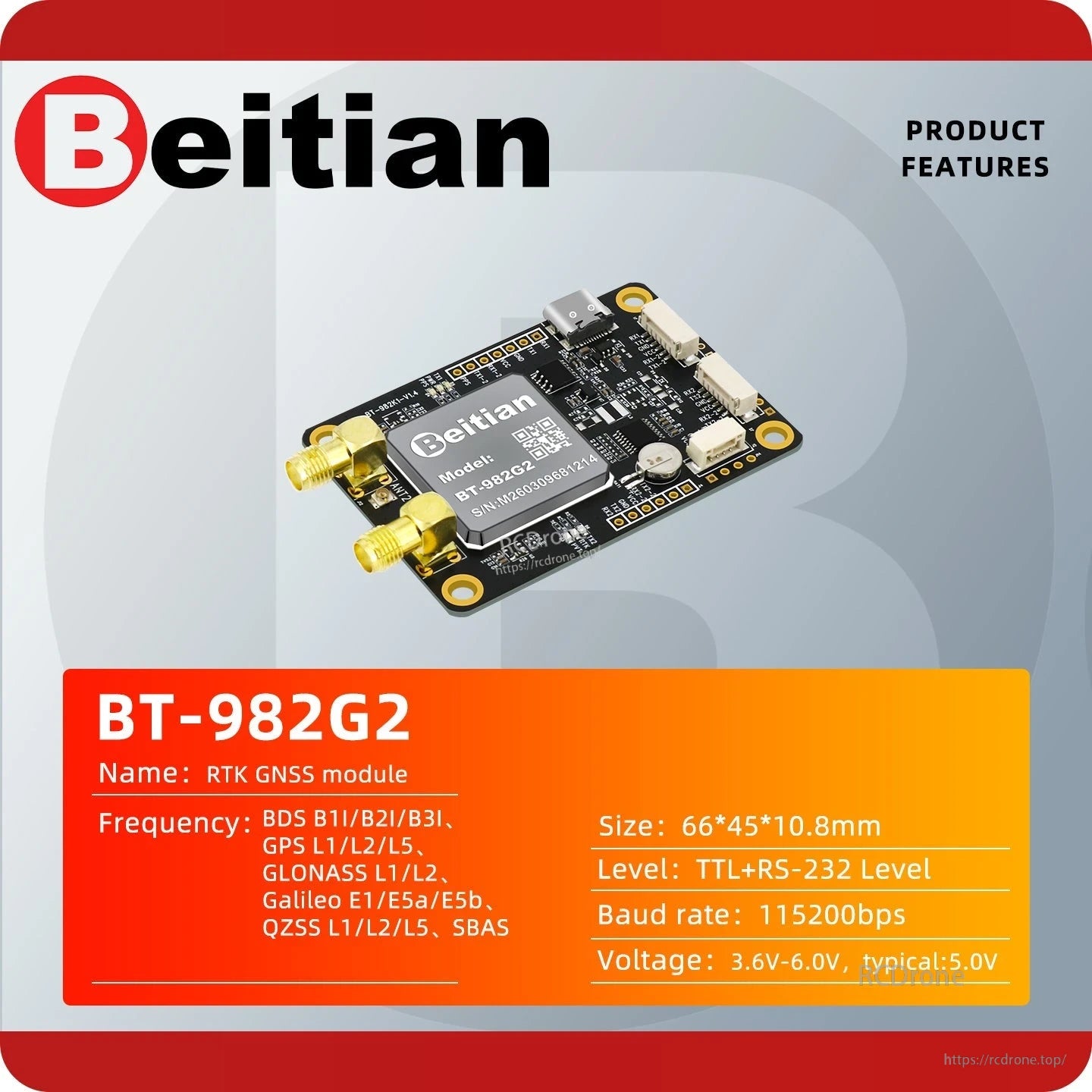 BT-982G2 product features card showing board image and key specs table (size, baud rate, voltage)