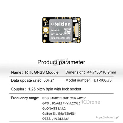 Beitian BT-980G3 RTK GNSS module board with 44.7×30×10.9 mm size, 50Hz update, and 8‑pin 1.25mm connector