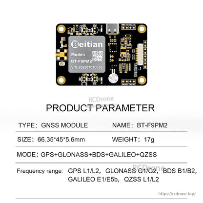 Beitian BT-F9PM2 GNSS positioning board with USB port and pin header; product parameters list size 66.35×45×5.6 mm