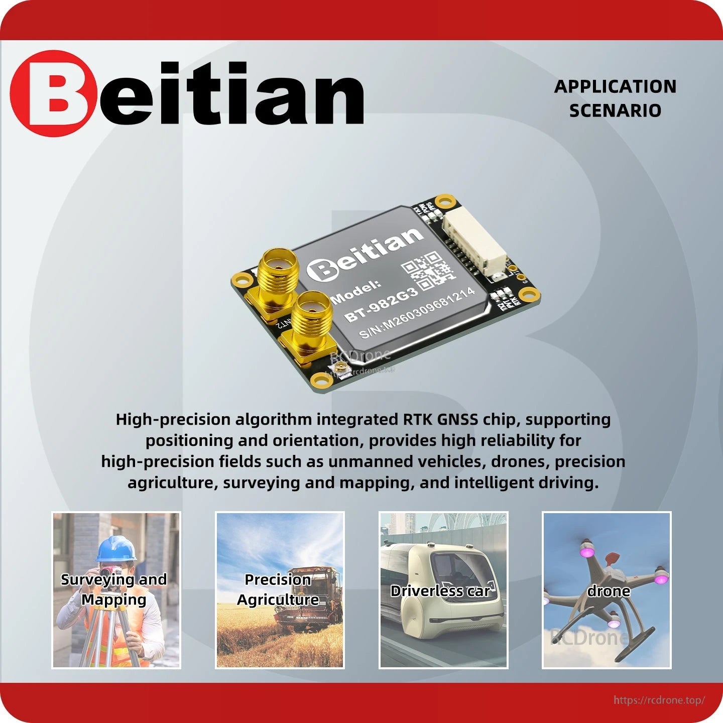Application scenario graphic for RTK GNSS module: surveying, precision agriculture, driverless car, drone